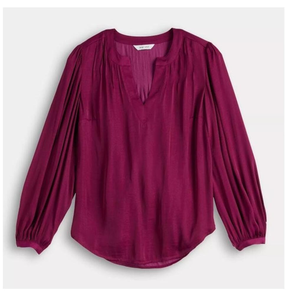 NWTs Nine West Pleated Satin Blouse Magenta Long Sleeve Top (M)
